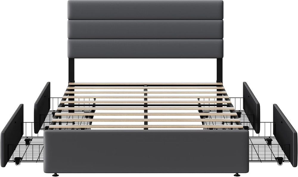 WLIVE Full Size Upholstered Bed Frame with 4 Storage Drawers and Headboard, V...