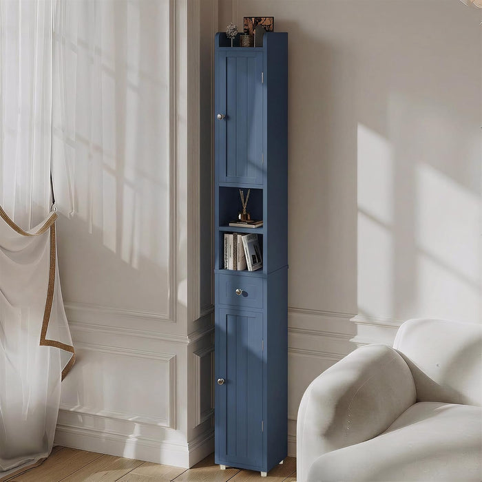 ChooChoo Narrow Bathroom Storage Cabinet with Adjustable Shelves, Tall Storage Cabinet with 2 Doors and 1 Drawer, Freestanding Cupboard for Small Spaces, Blue