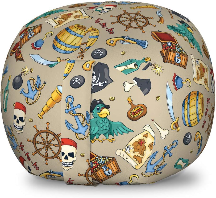 Ambesonne Pirates Storage Toy Bag Chair, Cheerful Sketch Cartoon Pattern with Adventurous Sea Travel Piracy Theme Elements, Stuffed Animal Organizer Washable Bag, Small Size, Tan White