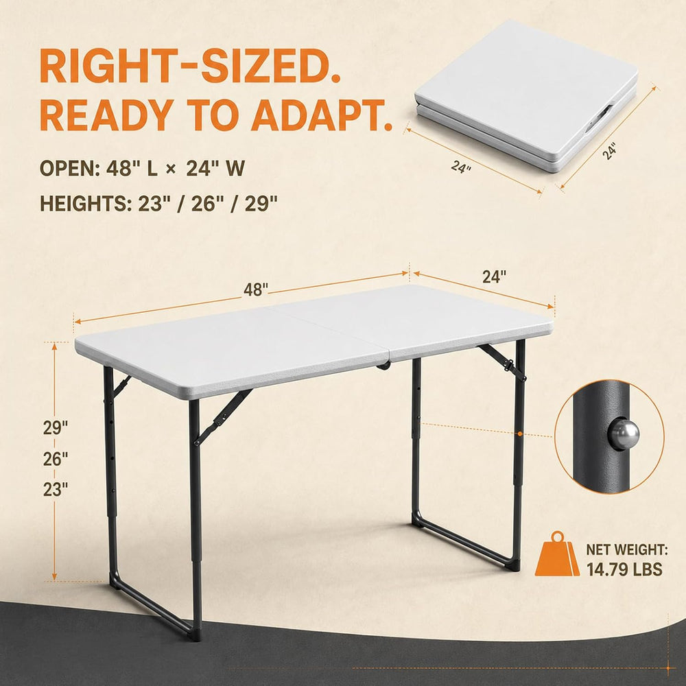 4FT Folding Table 3 Levels Adjustable Height, Heavy Duty Fold-in-Half Portabl...