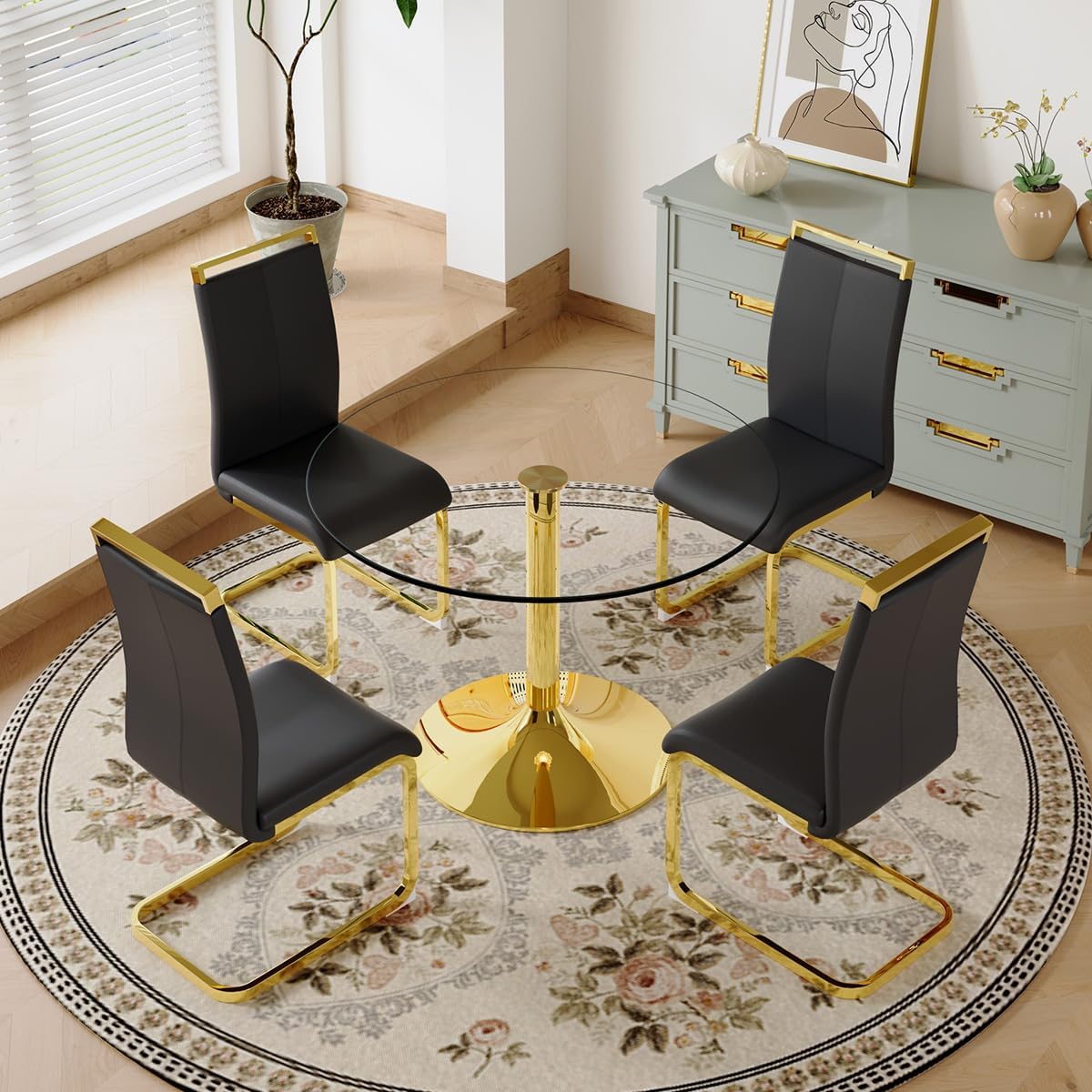 35'' Round Dining Table Set for 4, Glass Kitchen Table Chairs Set of 4, Small Dining Table with Golden Electroplated Metal Leg and Base, 4 PU Dining Chairs with Metal Legs, for Kitchen, Dining Room.