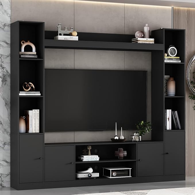 81.1" Large TV Stand with Bookshelves for TVs up to 60", Wall Unit Entertainment Center with Doors, 9 Open Shelves and Cable Holes, Media Console Cabinet for Living Room, Black