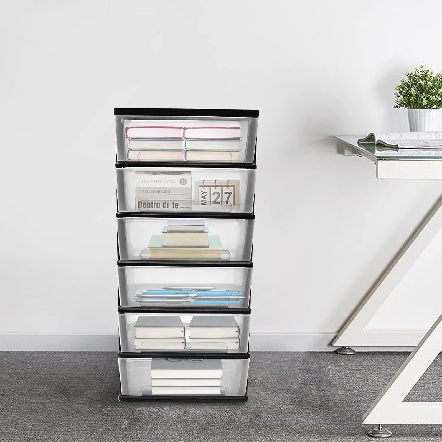 6 Clear Drawer Storage Organizer Rolling Cart,Heavy-Duty Storage Tower Plastic Cart Organizer for Closet,Living Room,Hallway, Dormitory (Black)