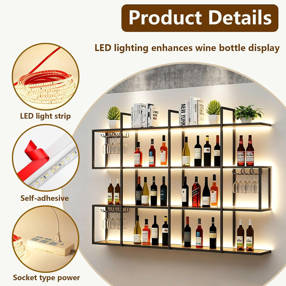 4-Tier Wall Mounted Wine Rack with LED Light, Glass Holder (120cm/47.3in) | 2...