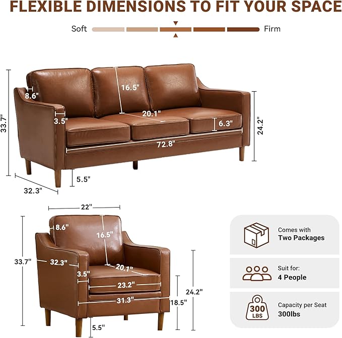 Kingfun Living Room Furniture Sets, 3 Seater Couch and Armchair, Mid Century Modern Sofa Set, Faux Leather Couch with Solid Wood Frame for Living Room & Bedroom, Brown