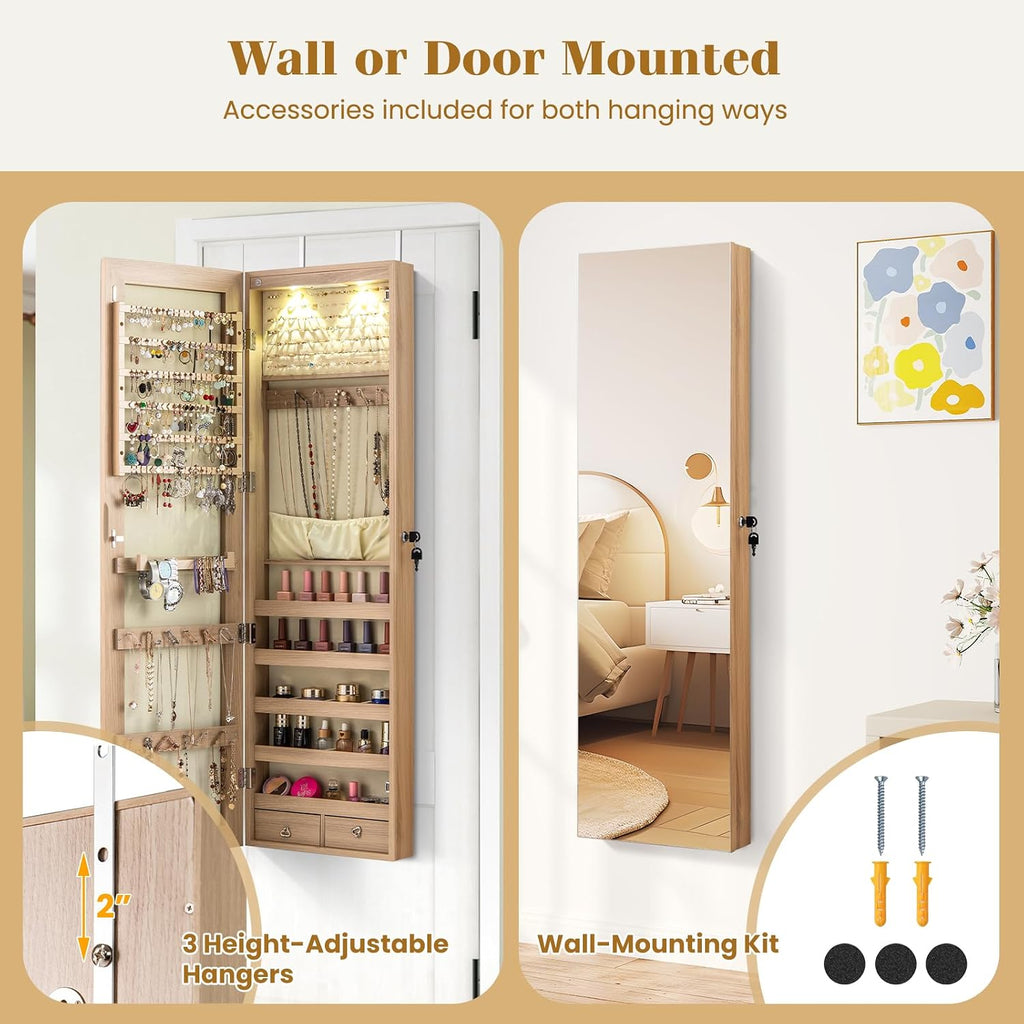 NAFORT 2 LEDs Full Length Mirror with Jewelry Armoire, Jewelry Organizers and Storage with 2 Mounting Options, 47.5”H Jewelry Cabinet with 2 Drawers, Make up & Lockable Jewelry Box, Natural Wood