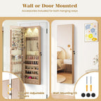 NAFORT 2 LEDs Full Length Mirror with Jewelry Armoire, Jewelry Organizers and Storage with 2 Mounting Options, 47.5”H Jewelry Cabinet with 2 Drawers, Make up & Lockable Jewelry Box, Natural Wood