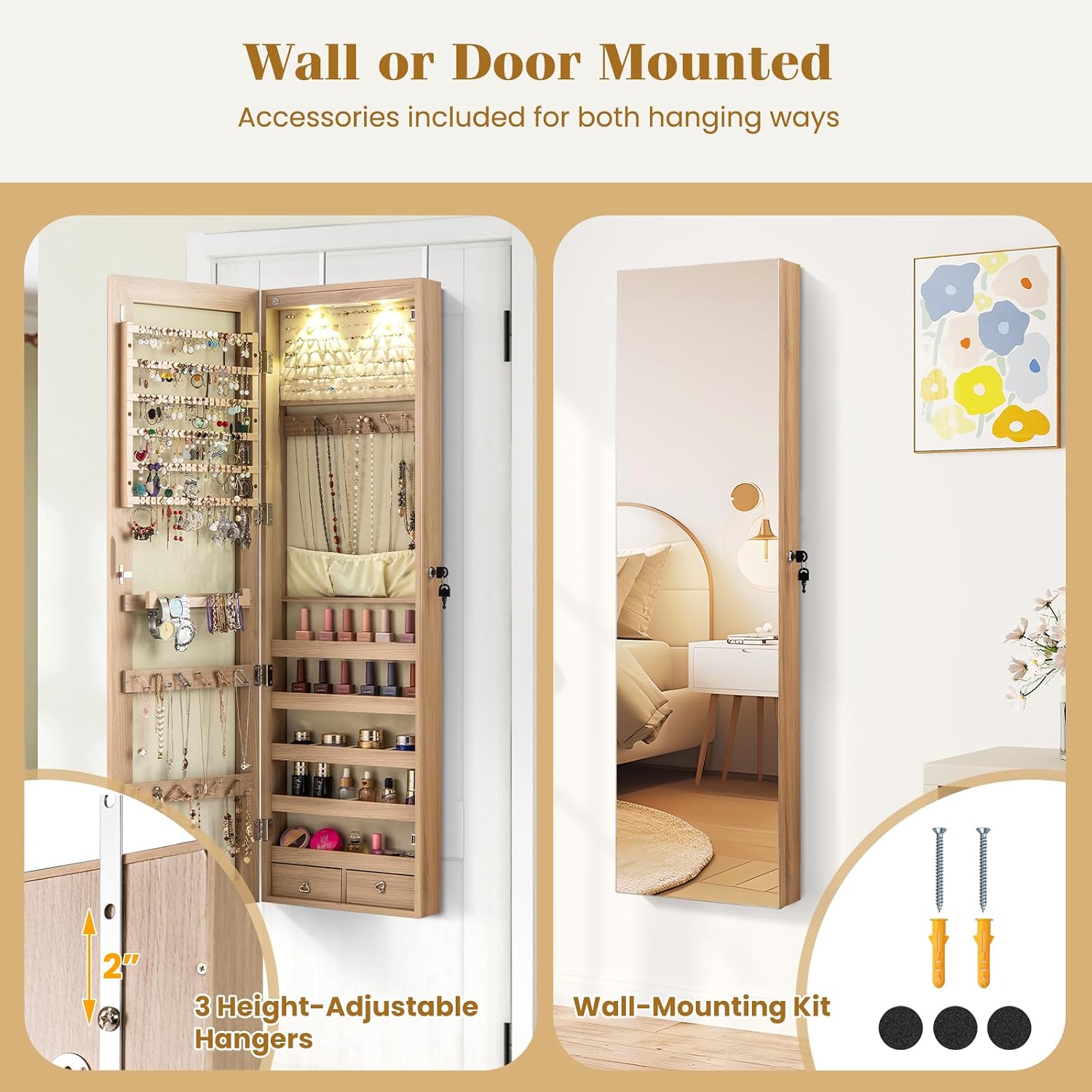 NAFORT 2 LEDs Full Length Mirror with Jewelry Armoire, Jewelry Organizers and Storage with 2 Mounting Options, 47.5”H Jewelry Cabinet with 2 Drawers, Make up & Lockable Jewelry Box, Natural Wood