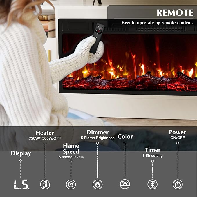Lemberi Fireplace TV Stand with 36" Electric Fireplace, Fits TVs Up to 80", 70" LED Lit Entertainment Center, Modern High Gloss Wood with Spacious Storage Cabinet for Living Room, White