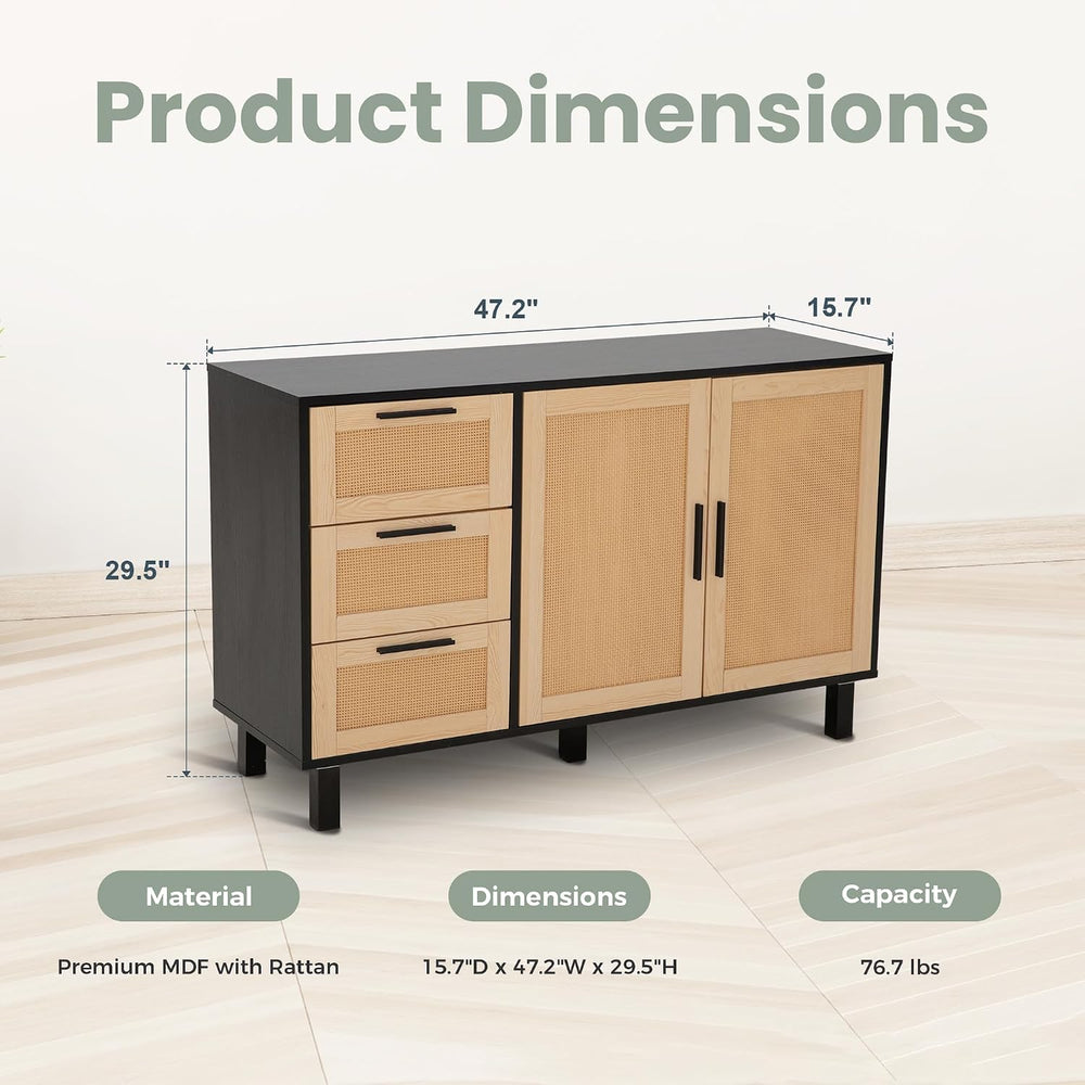 PHI VILLA Black Rattan Cabinet with Doors, Buffet Sideboard Cabinet with Draw...