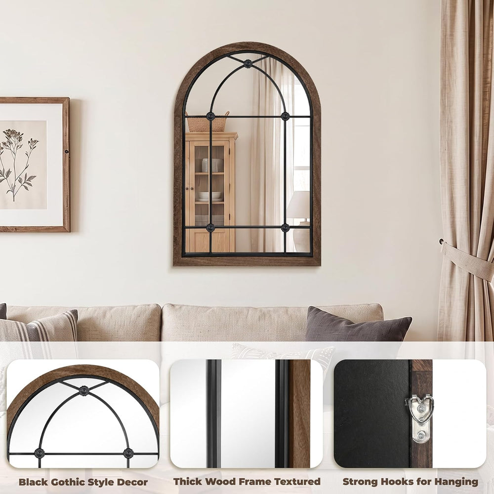 36x24 Inch Arched Window Pane Mirror , Wood Frame Farmhouse Mirror