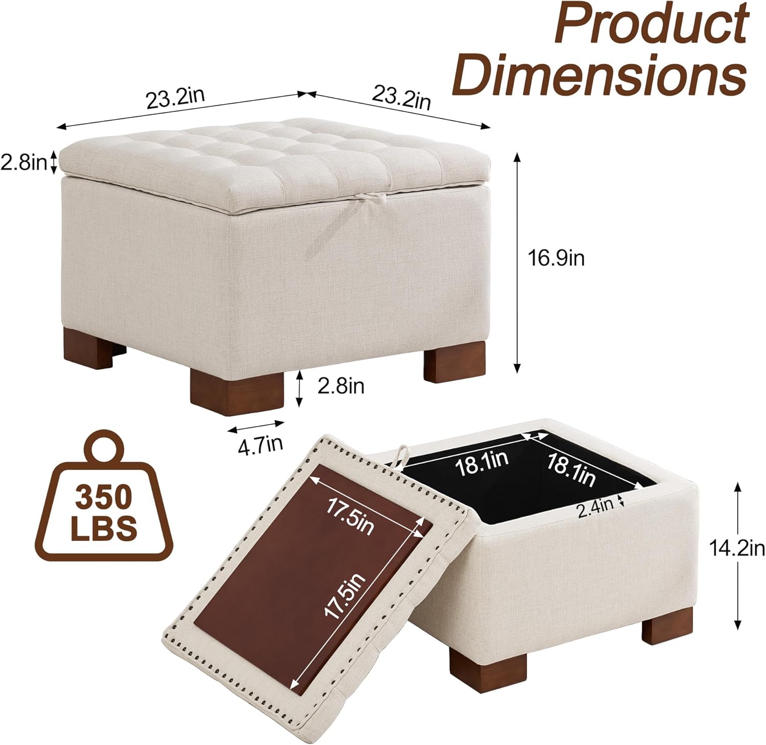 WUTUTUEE 24" Square Fabric Storage Ottoman with Wooden Tray Top, Modern Tufted Button Upholstered Footstool Coffee Table, Multifunctional Small Storage Ottoman for Living Room Bedroom, Beige