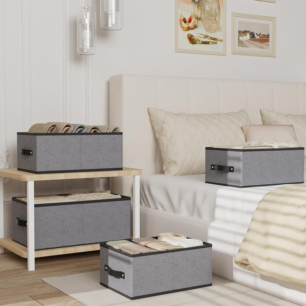 Foldable Storage Bins with Handles, Fabric Storage Cubes for Organizing, Decorative Linen Closet Organizers, 18.5 × 11 × 7.9 Inch, Gray, 4-Pack