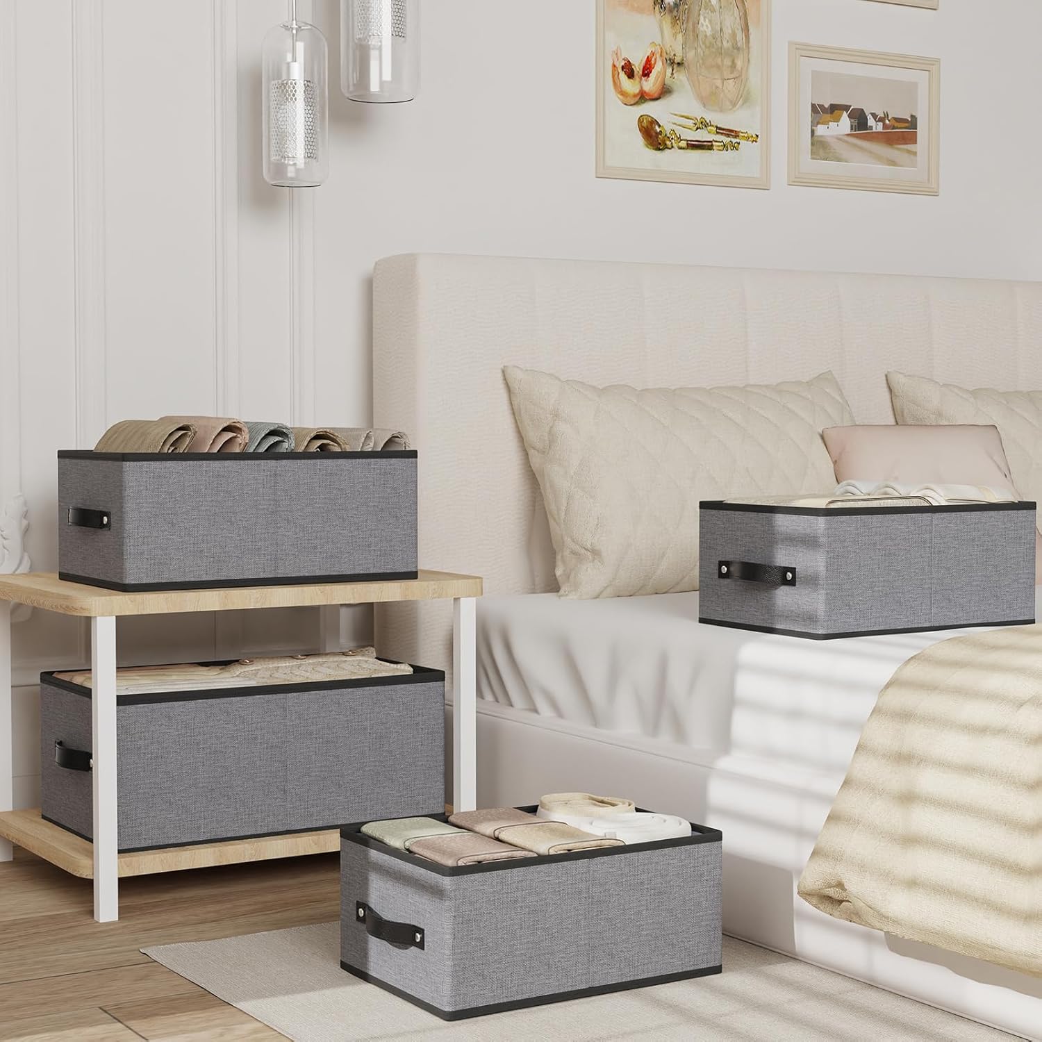 Foldable Storage Bins with Handles, Fabric Storage Cubes for Organizing, Decorative Linen Closet Organizers, 18.5 × 11 × 7.9 Inch, Gray, 4-Pack