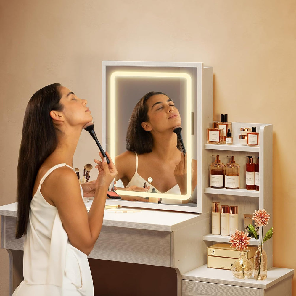 Memobarco White Makeup Vanity Desk with Sliding Mirror & 4 Drawers | Smar...