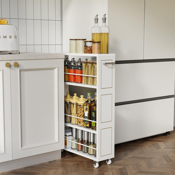 KLM 4 Tier White Slim Storage Cart with Handle, Slide Out Storage Rolling Utility Cart for Kitchen, Laundry, Narrow Places-6.7" W