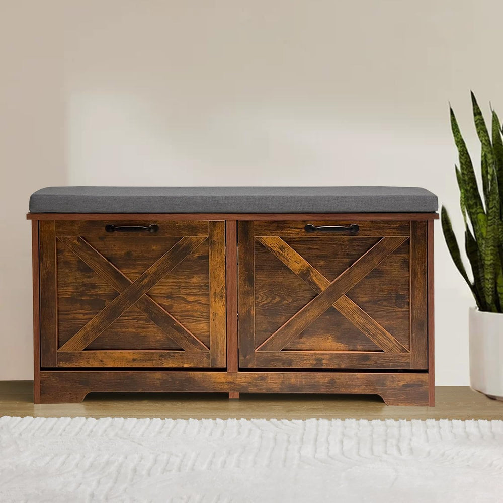 Shoe Storage Bench with 2 Flip Drawers & Barn Doors, Entryway Shoe Cabine...