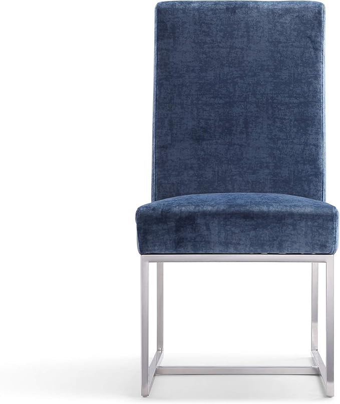 Manhattan Comfort Element Modern Velvet Dining Chairs, High Density Foam, Chrome Finish Stainless Steel Frame, High-Back, Fully Assembled Industrial Chic Accent Furniture, Set of 2, Blue