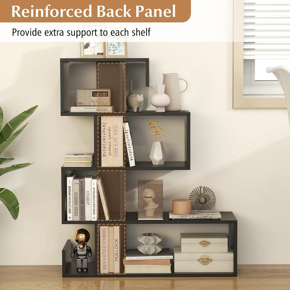 Tangkula S-Shaped Bookshelf, 5-Tier Modern Geometric Stepped Bookcase with An...