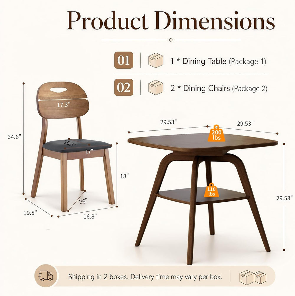 LKTART Dining Table Set for 2 | Square Solid Wood Dining Table with 2 Black P...