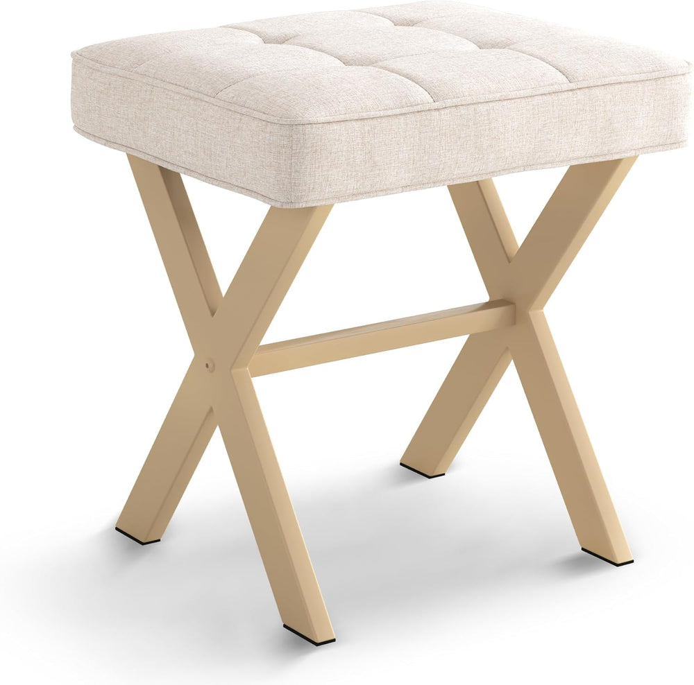 LUE BONA Square Linen Makeup Stool, Metal X Legs, Small Ottoman Stool Chair f...