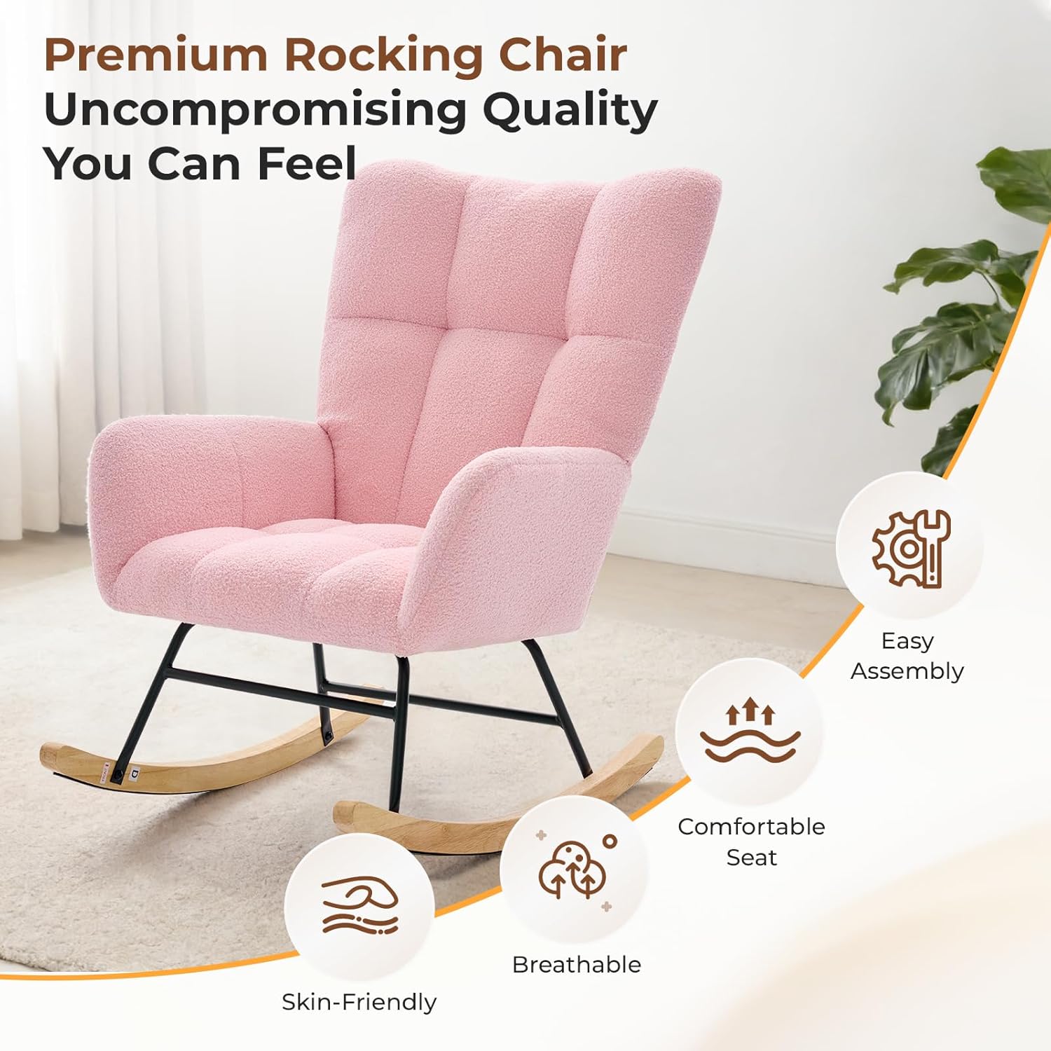 DUMOS Nursery Rocking Chair Teddy Upholstered, Comfy Glider Rocker with High Backrest Armchair Padded Seat, Accent Side Chair for Living Room Bedroom Offices Small Spaces Indoor, Pink