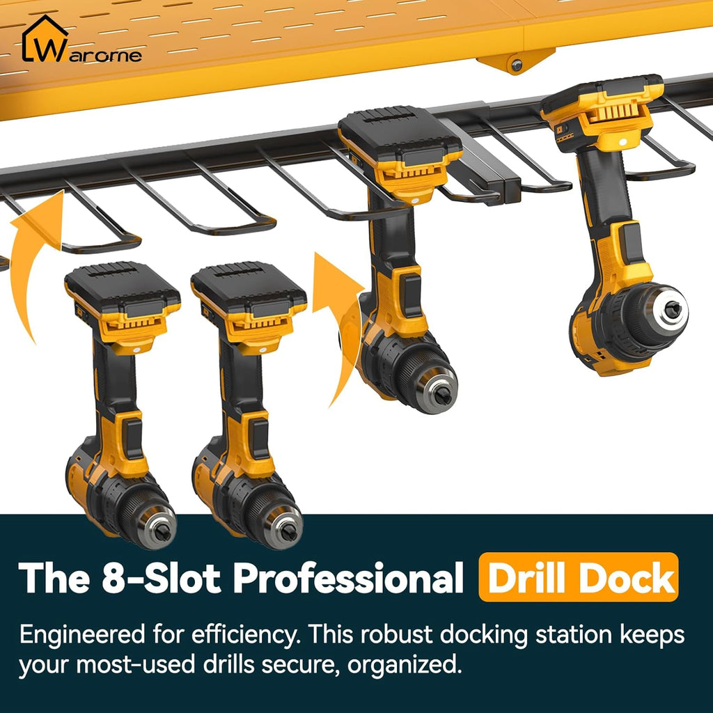 Warome Garage Power Tool Organizer with 8-Outlet Power Strip, Tool Storage Rack Wall Mount with 8 Cordless Drill Holders, Tool Organization Shelf with Charging Station in Yellow