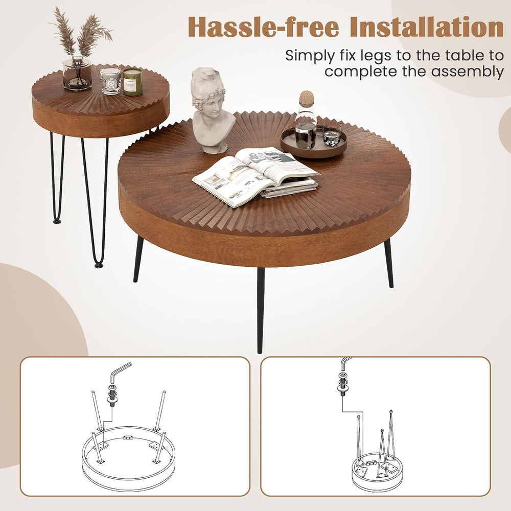 COSTWAY Farmhouse Round Coffee Table Set of 2, Rustic Sofa Side Tea Tables w/...