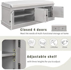Vintage Hallway Storage Bench with 4 Doors and Adjustable Shelves,Entryway Shoe Rack W/Removable Cushion,for Living Room Bedroom Porch,Gray Wash,42″