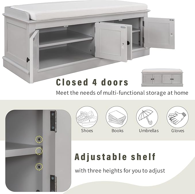 Vintage Hallway Storage Bench with 4 Doors and Adjustable Shelves,Entryway Shoe Rack W/Removable Cushion,for Living Room Bedroom Porch,Gray Wash,42″