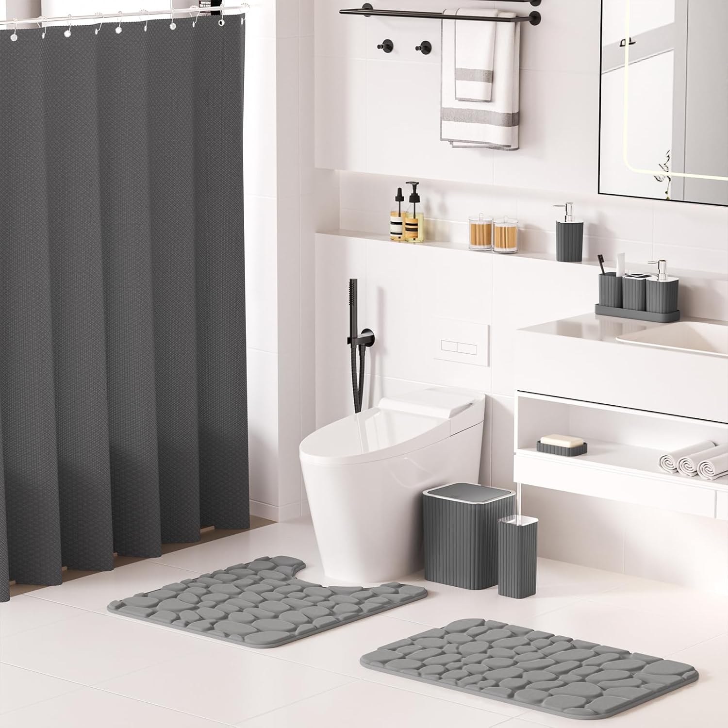 Bathroom Accessories Set- 25PC Grey Bathroom Set, Bathroom Set with Shower Curtain and Rugs, Shower Curtain Set, Toilet Brush, Trash Can, Qtip Holder Dispenser & Soap Dispenser