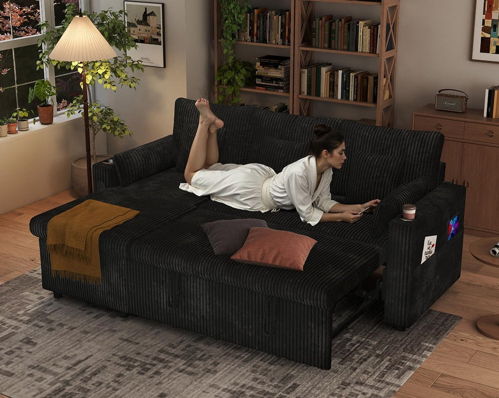 3 in 1 Pull Out Couch, Corduroy L Shaped Couch Sleeper Sofa Bed, Black | Reve...