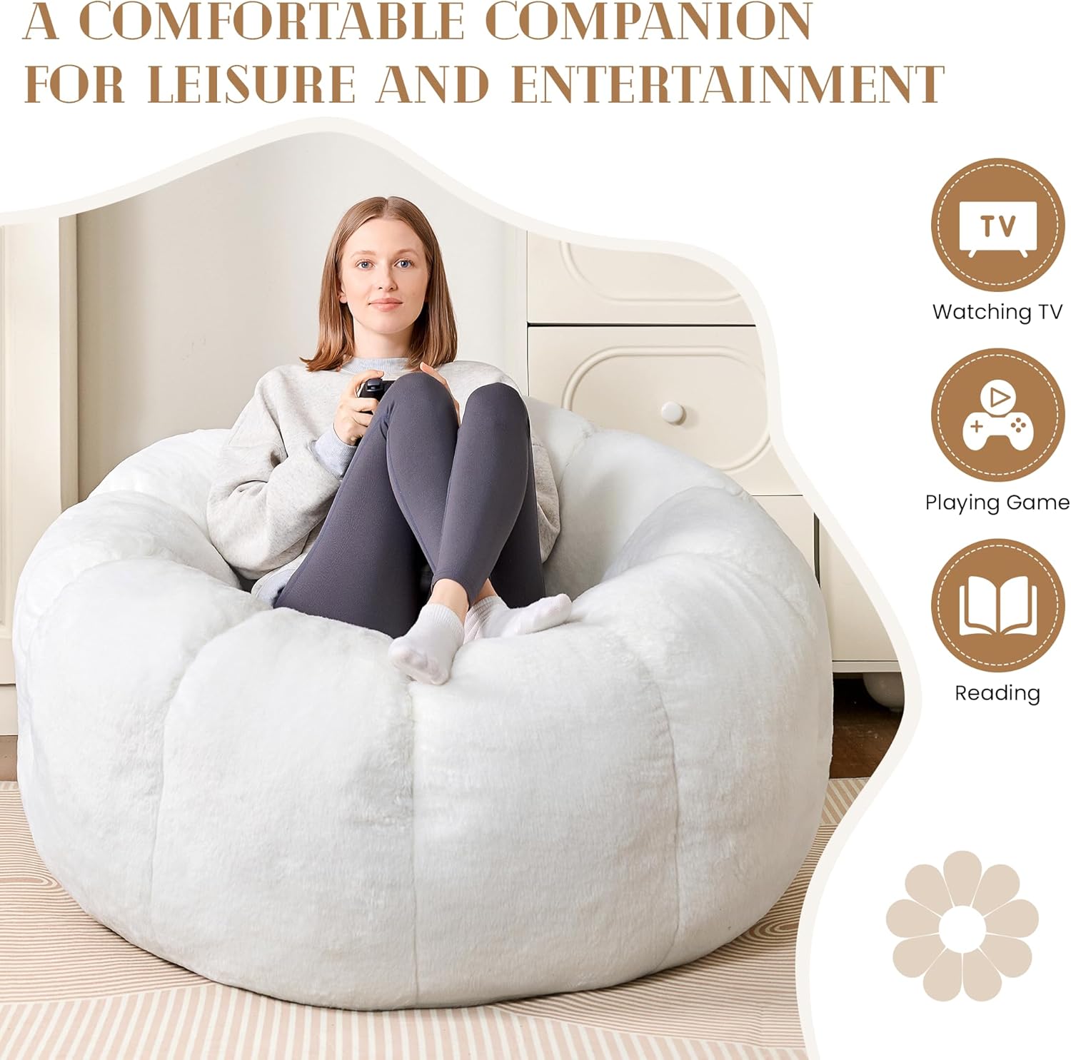 Flower Bean Bag Chair for Teens and Young Adults, Soft Faux Fur Floor Seating with Memory Foam, Aesthetic Room Decor Cozy Lounger for College Dorm, White