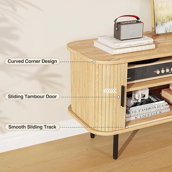 55''W Natural TV Stand Cabinet with Storage for TVs up to 60 Inch, Fluted TV Entertainment Center with Slatted Tambour Doors, Media Console for Living Room, Entryway