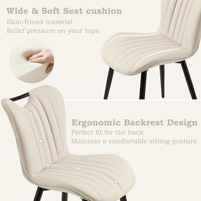 Leather Upholstered Dining Chairs Set of 6, Mid-Century Modern Kitchen Dining Room Chairs with Black Metal Legs, Armless Faux Leather Accent Kitchen Side Chairs Dinner Chairs, Beige