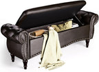 ZZW Storage Ottoman Bench, 51" Length Upholstered End of Bed Storage Bench for Bedroom with Safety Hinge, Tufted Bed Benches with Rolled Arm and Nailhead Trim for Living Room, Entryway Dark Brown