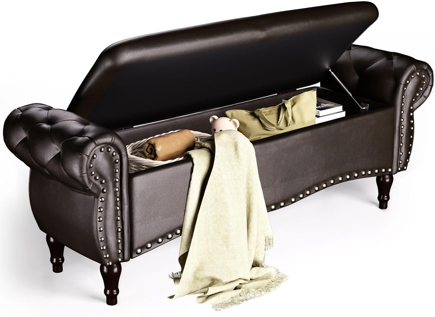 ZZW Storage Ottoman Bench, 51" Length Upholstered End of Bed Storage Bench for Bedroom with Safety Hinge, Tufted Bed Benches with Rolled Arm and Nailhead Trim for Living Room, Entryway Dark Brown