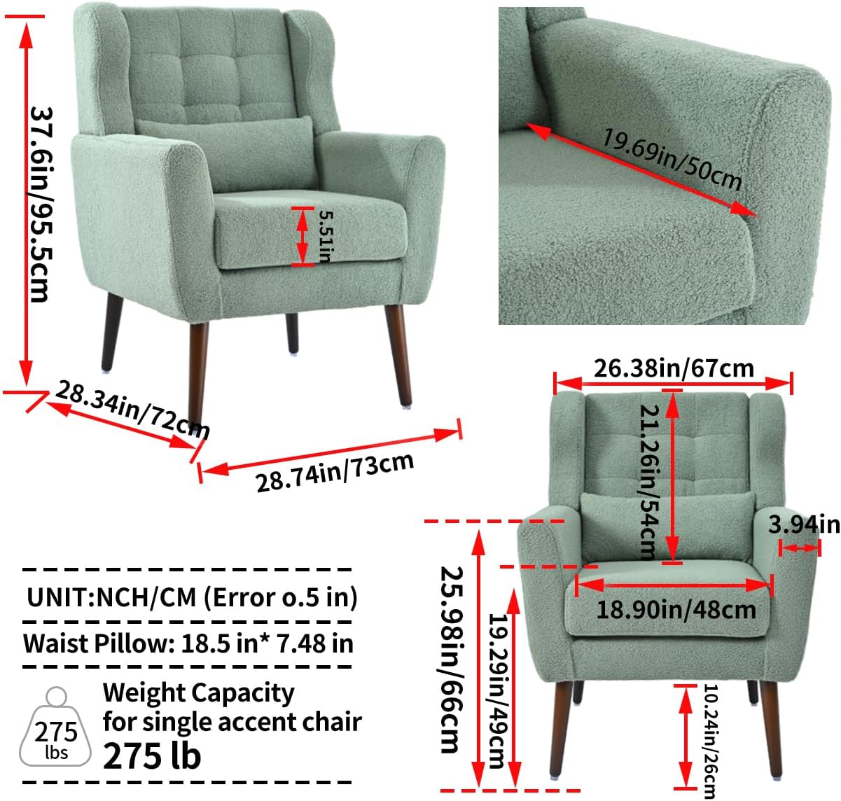 Dolonm Accent Chair for Living Room, Mid-Century Arm Chair, Comfy Upholstered Reading Armchair with Pillow Backrest for Bedroom, Mordern Lounge Chair Solid Wood Leg (Light Green)