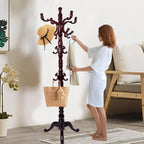 Solid Wooden Coat Rack Stand, Coat Racks Freestanding with 14 Hooks, Natural Birch Wood Coat stands with Sturdy Triangle Base, Coat Hanger Standing for Entryway Bedroom Office (Redwood triangle)