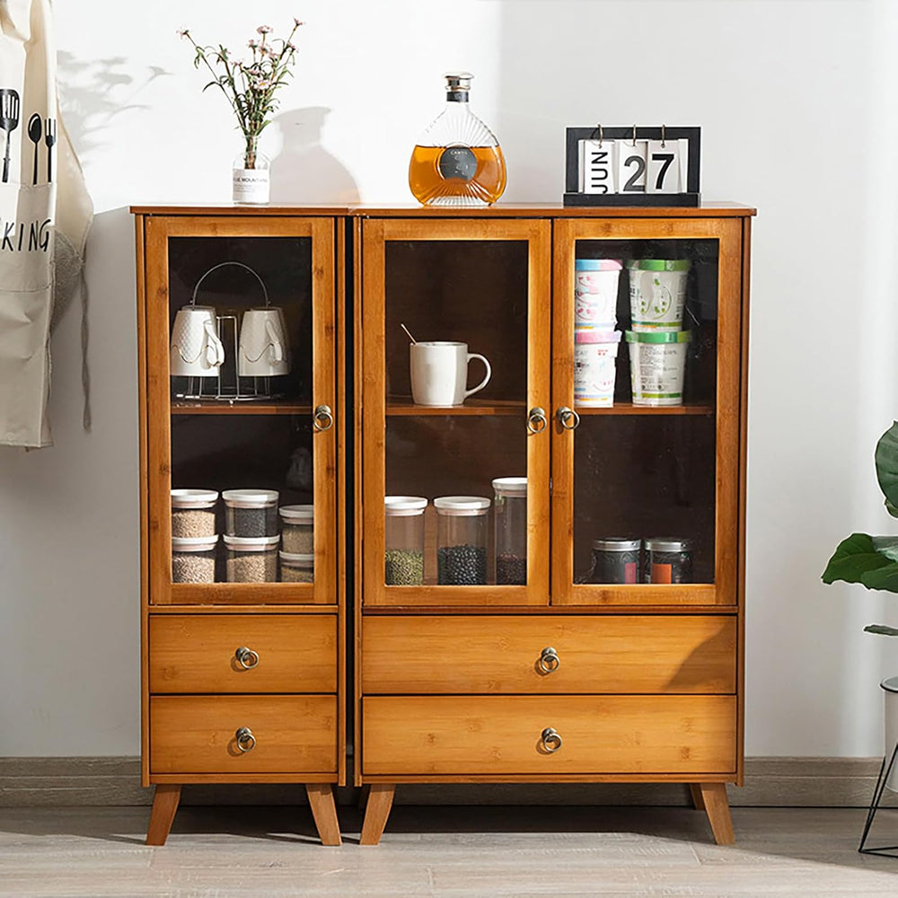 4 Tiers Bamboo Buffet Sideboard with Acrylic Doors,Floor Standing Pantry Cabi...