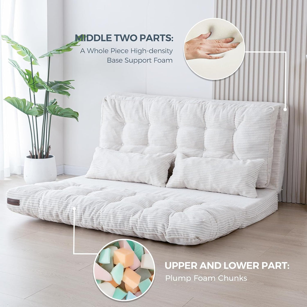 MAXYOYO Folding Sofa Bed, Convertible Chair Couch, Tufted Bean Bag Sofa | Extra Thick with Washable Cover, Chaise Lounge, Floor Bean Bag Couch Bed for Bedroom Living Room, Beige, 54"x91"