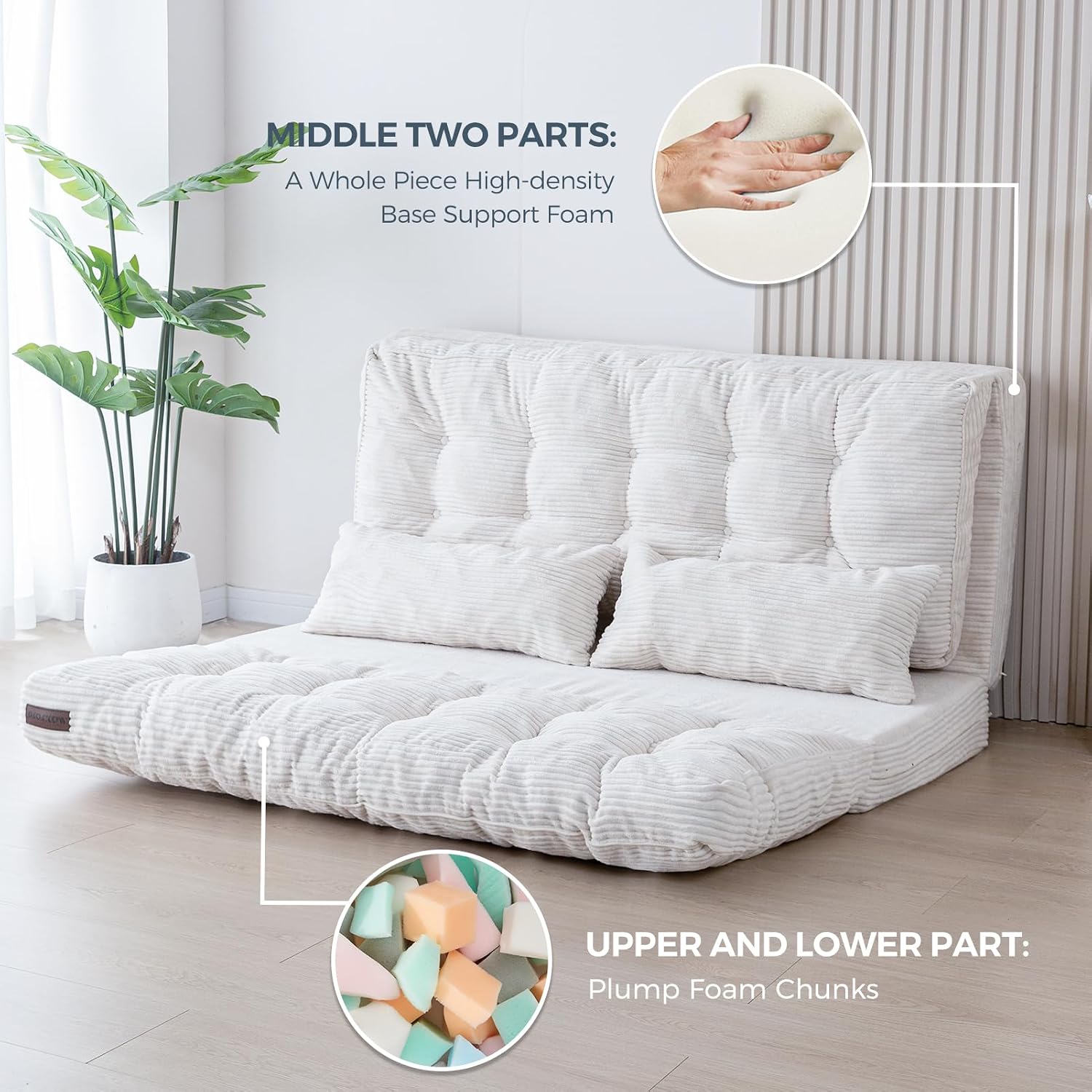 MAXYOYO Folding Sofa Bed, Convertible Chair Couch, Tufted Bean Bag Sofa | Extra Thick with Washable Cover, Chaise Lounge, Floor Bean Bag Couch Bed for Bedroom Living Room, Beige, 54"x91"