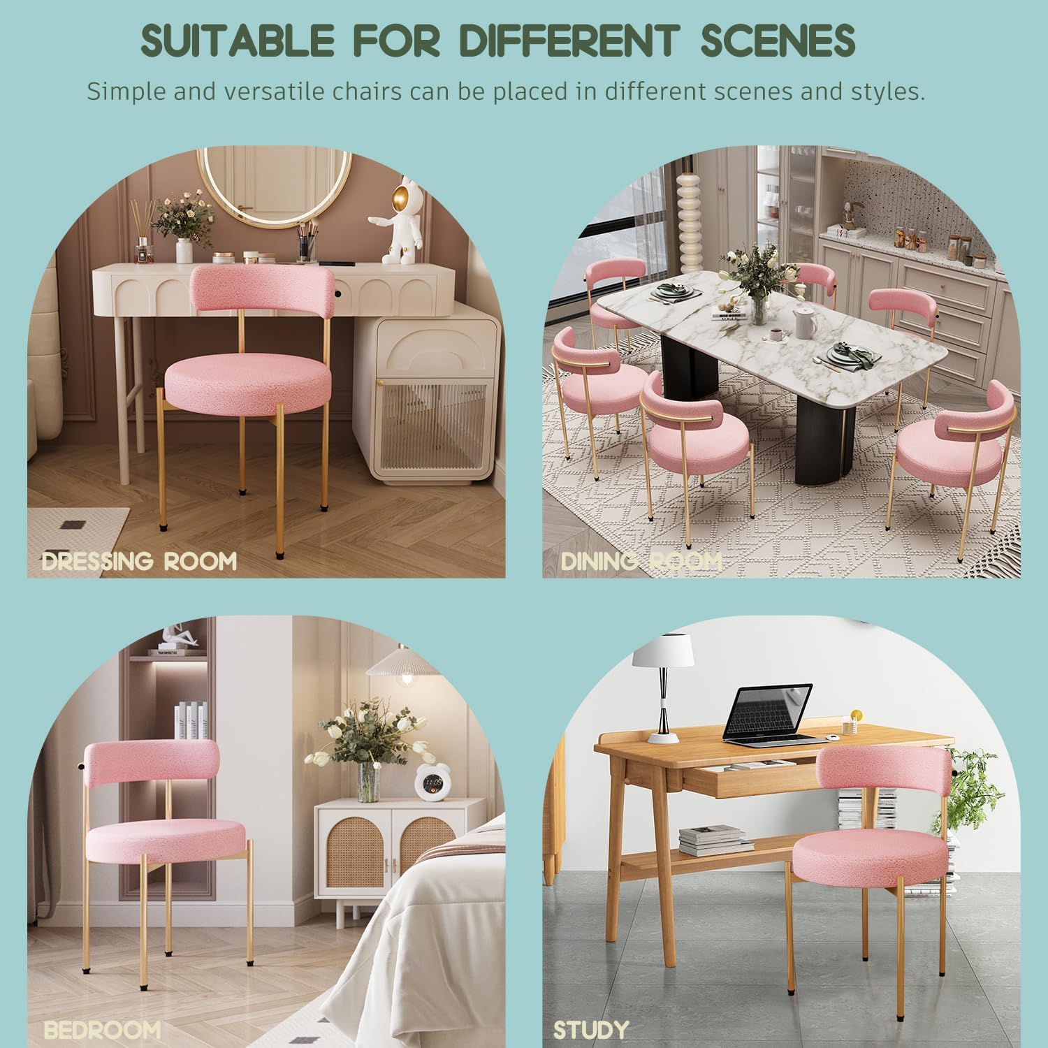 Desk Chair No Wheels Vanity Chair Comfy Accent Chair for Living Dining Room Bedroom Home Office Mid Century Modern Upholstered Armless Chair with Metal Legs (Gold Frame+Pink, 4)