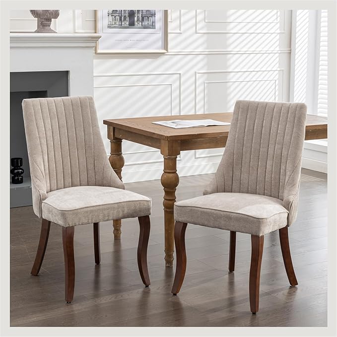 Dining Chairs Set of 2，Linen Channel Tufted Kitchen Dining Room Chair with Curved Solid Wood Legs, Comfortable Fabric Upholstered Dining Chair for Dining Room, (Beige, 2pc)
