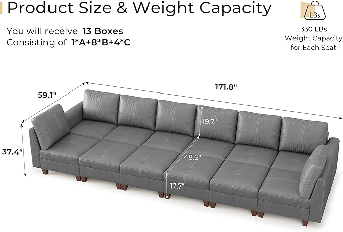 SITJOY 172" Faux Leather Modular Sectional Sofa with Storage, Mid Century Modern Sectional Couches for Living Room, Soft Padded Armrests, Oversized 12 Seat Sofa Bed with Chaise, Gray
