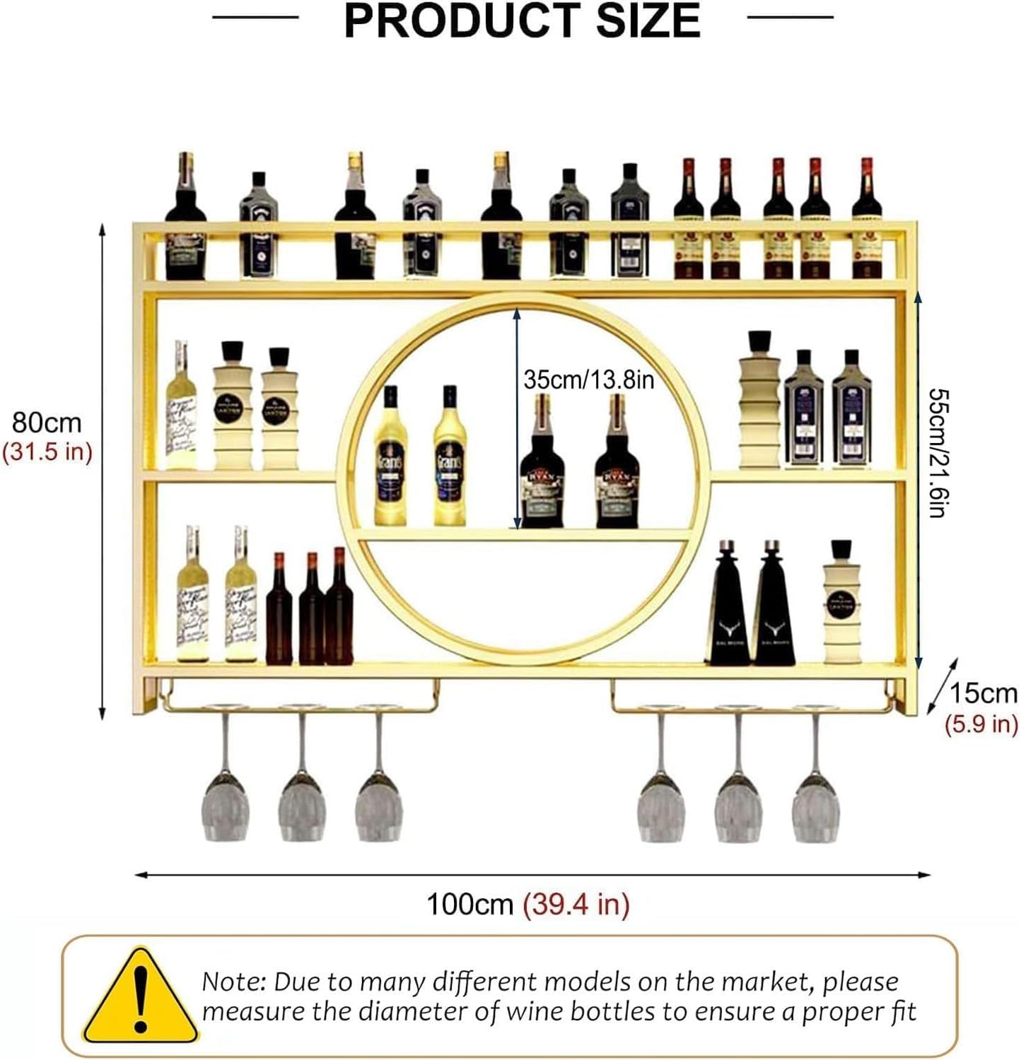 39 Inch Bar Shelves Wall Mounted Wine Rack with LED Light | 3 Tier Large Capacity w/Wine Glass Holder, Liquor Bottle Display Shelf, for Modern Home Bar Restaurant