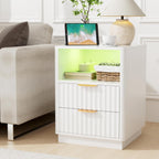 VOWNER Fluted Nightstand with Charging Station, 18” RGB Night Stand with 2 Drawers, End Table with Storage Shelf, Curved Profile Design Side Table, Bedside Table for Bedroom Living Room, White