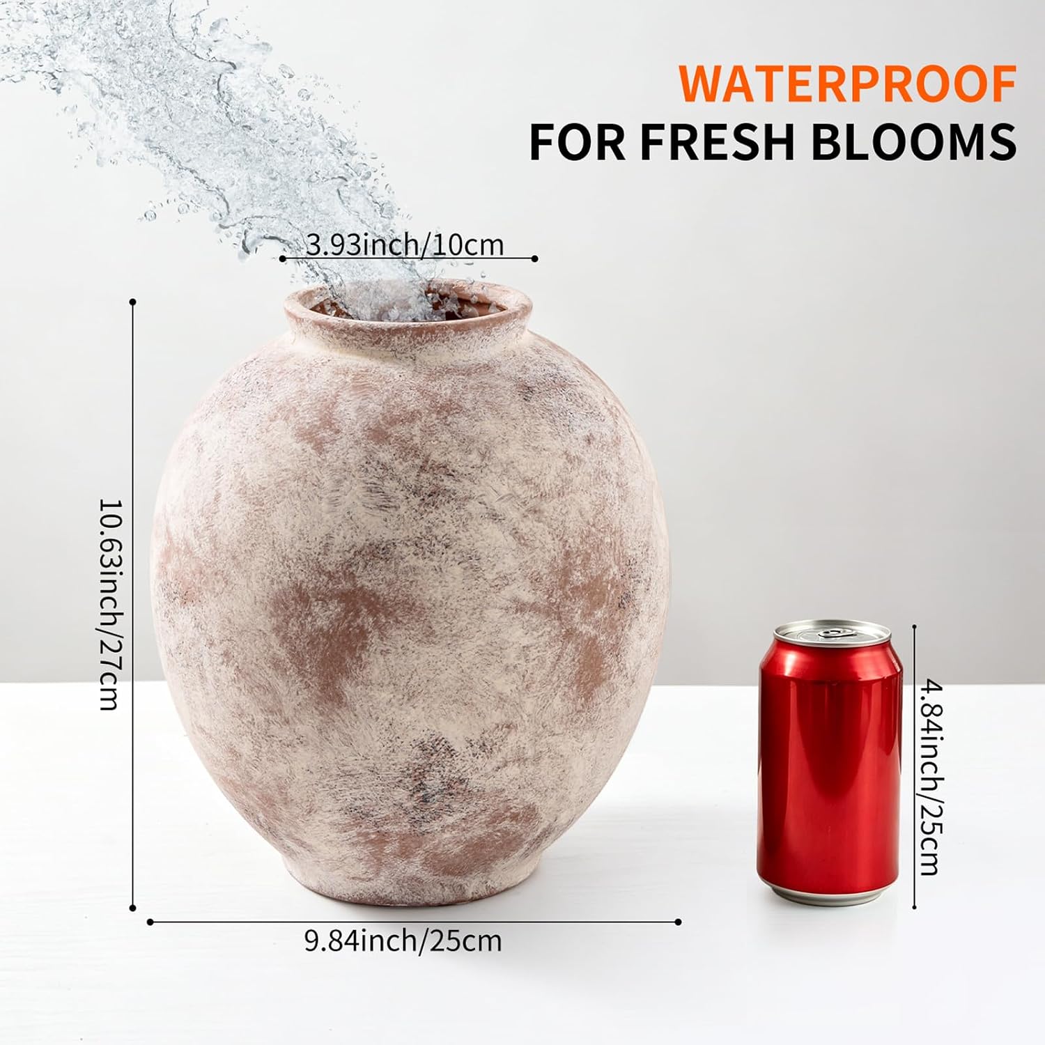 Large Ceramic Vase - 9.8 Inch Rustic Farmhouse Flower Vaase | Round decorative pottery vase for home decor, living room table, entryway, bookshelf, mantel & fireplace