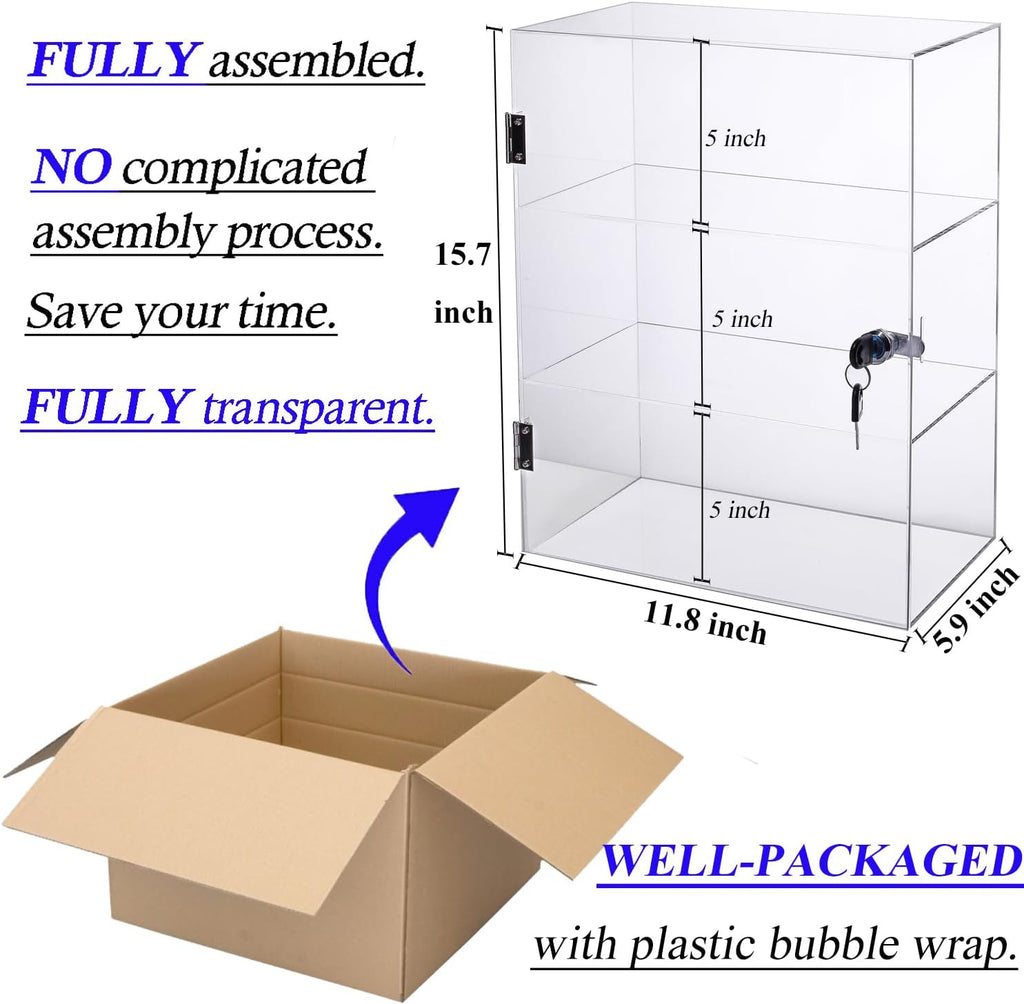 DuvinDD Acrylic Display Case with Lock, Collectibles Showcase Clear | Countertop Locking Display Cabinet with Shelves and Door, Acrylic Storage Safe Organizer for Home Office, 11.8x5.9x15.7inch