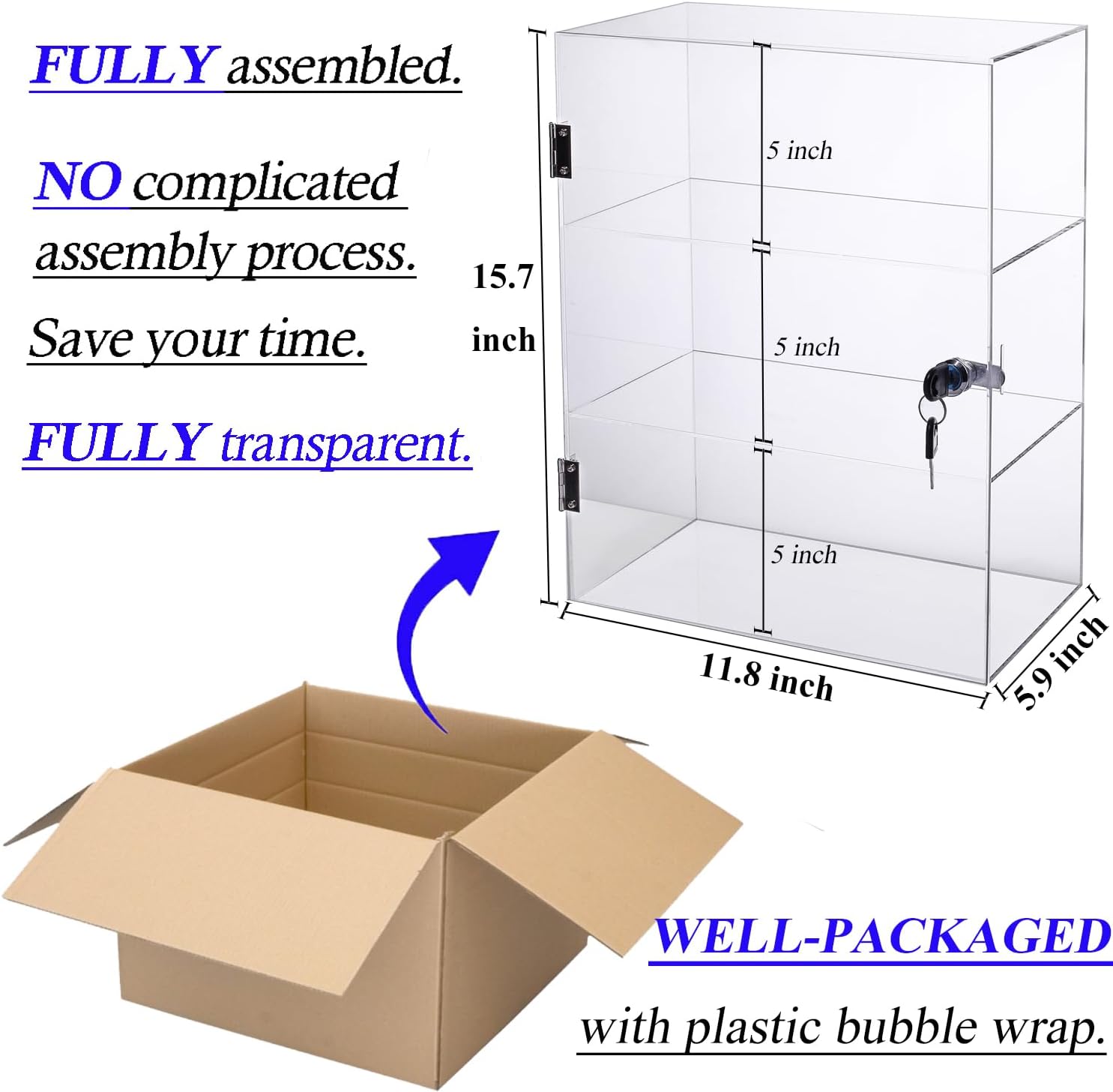 DuvinDD Acrylic Display Case with Lock, Collectibles Showcase Clear | Countertop Locking Display Cabinet with Shelves and Door, Acrylic Storage Safe Organizer for Home Office, 11.8x5.9x15.7inch